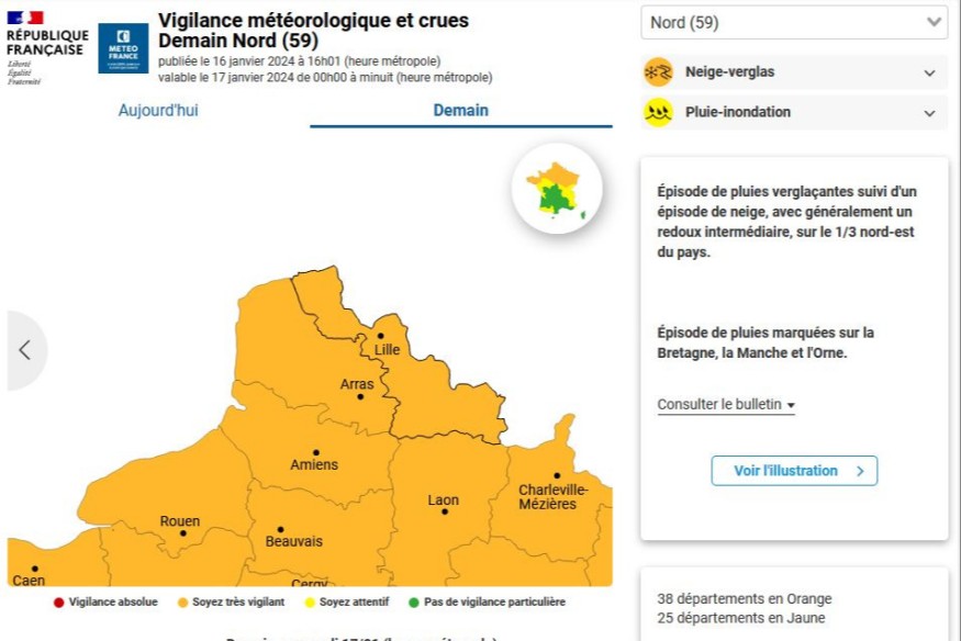 Alerte Vigilance Orange Neige-Verglas demain, limitez vos déplacements